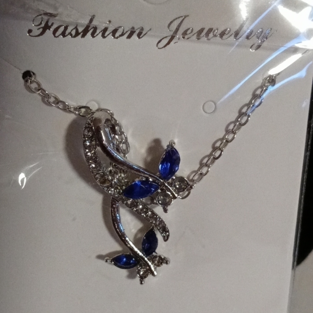 New butterfly necklace blue with rhinestones